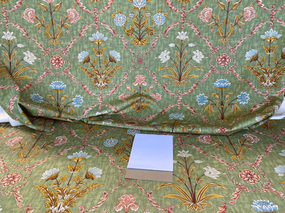 Scalamandre Pashmina Fern Arabisque Print On Cotton Satin Arabisque Green Red Tan MSRP USD 358/Y