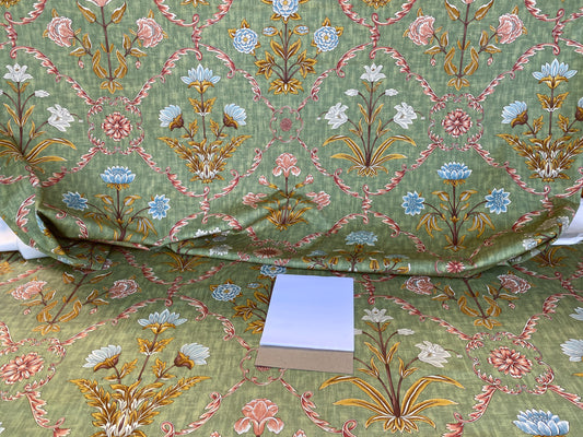 Scalamandre Pashmina Fern Arabisque Print On Cotton Satin Arabisque Green Red Tan MSRP USD 358/Y