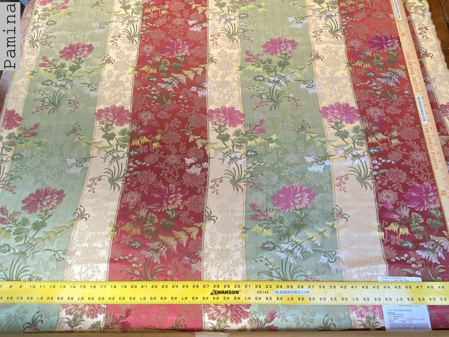 Scalamandre Pamina Beige Green Wine Red 19th C Carnation Floral Lampas Stripe Lace MSRP USD 352/y