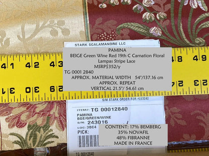 Scalamandre Pamina Beige Green Wine Red 19th C Carnation Floral Lampas Stripe Lace MSRP USD 352/y