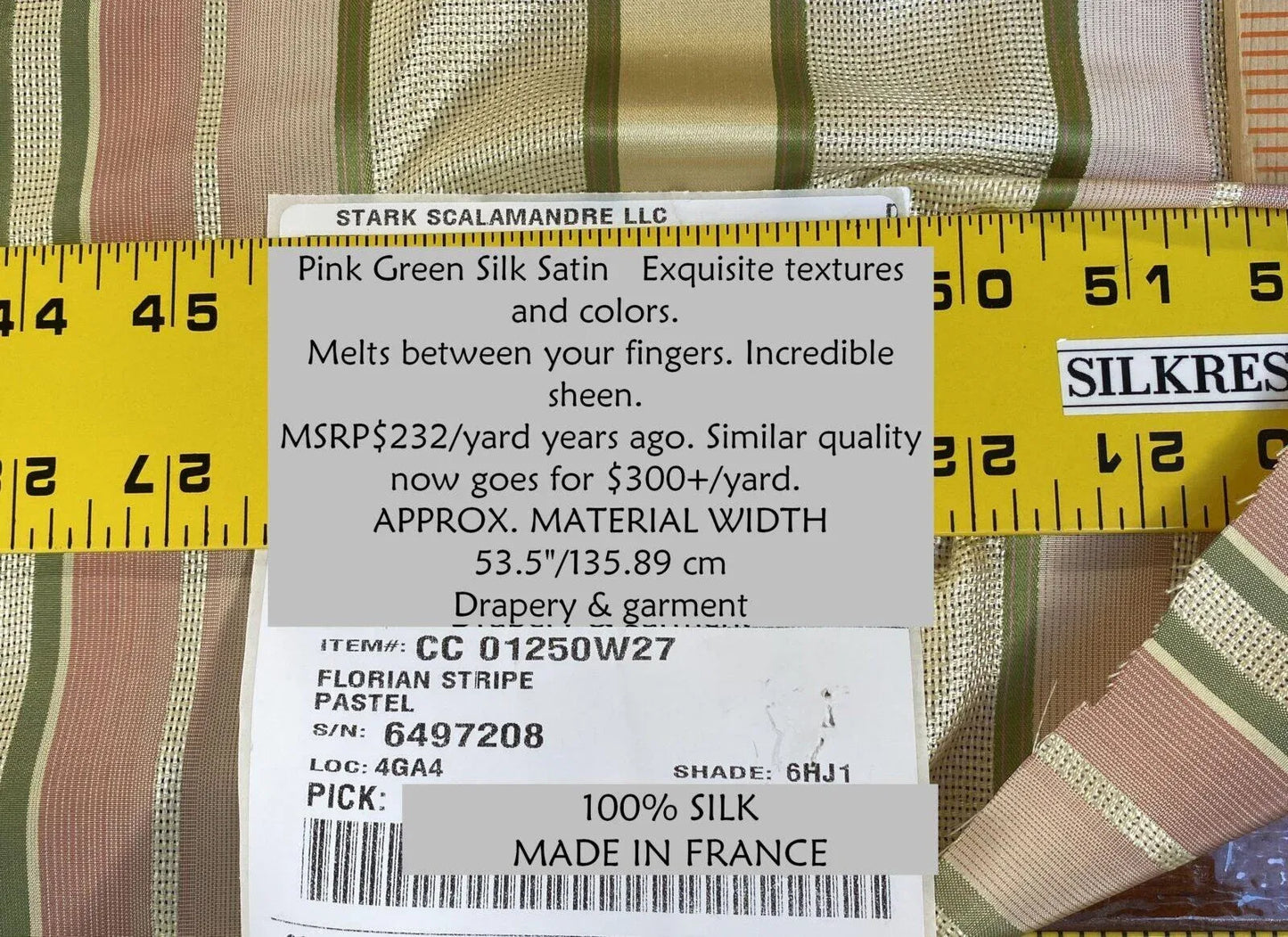Scalamandre Florian Stripe Pastel Pink Green Silk Satin Semi Sheer MSRP USD 232/yard