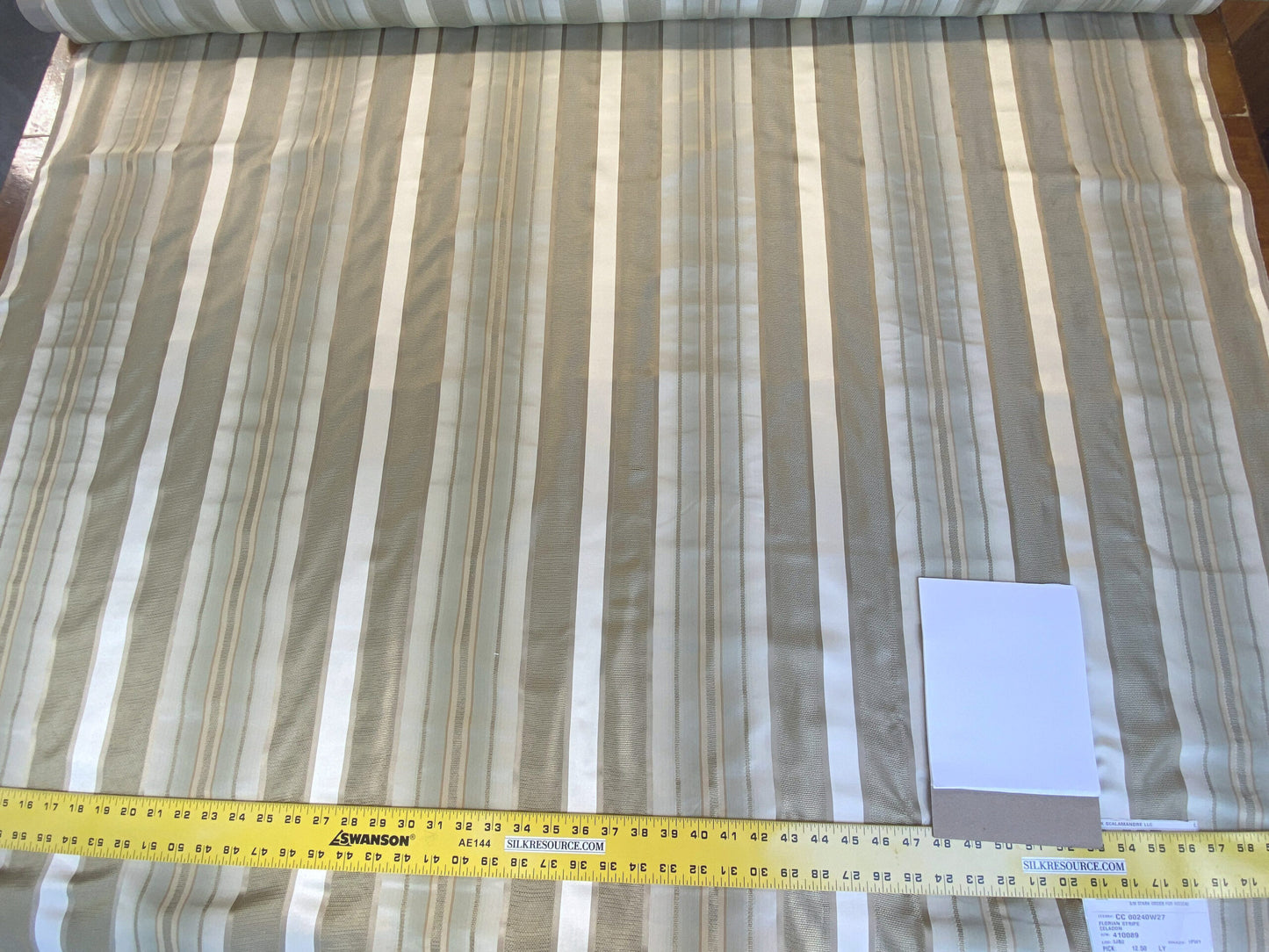 Scalamandre Florian Stripe Celadon Blue Silver Beige Silk Satin Semi Sheer MSRP USD 232/yard