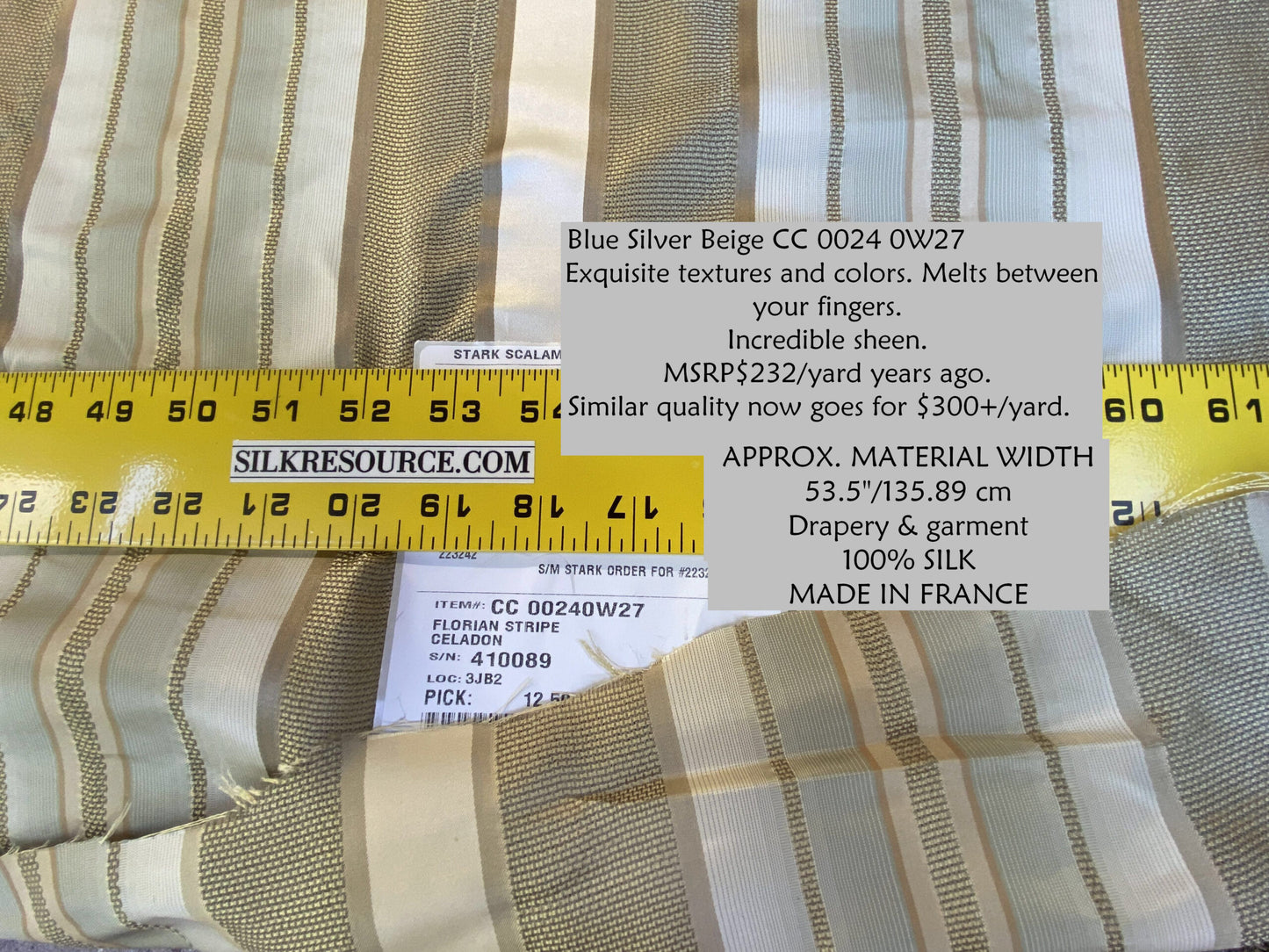 Scalamandre Florian Stripe Celadon Blue Silver Beige Silk Satin Semi Sheer MSRP USD 232/yard