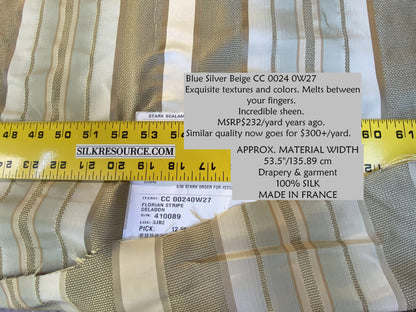 Scalamandre Florian Stripe Celadon Blue Silver Beige Silk Satin Semi Sheer MSRP USD 232/yard