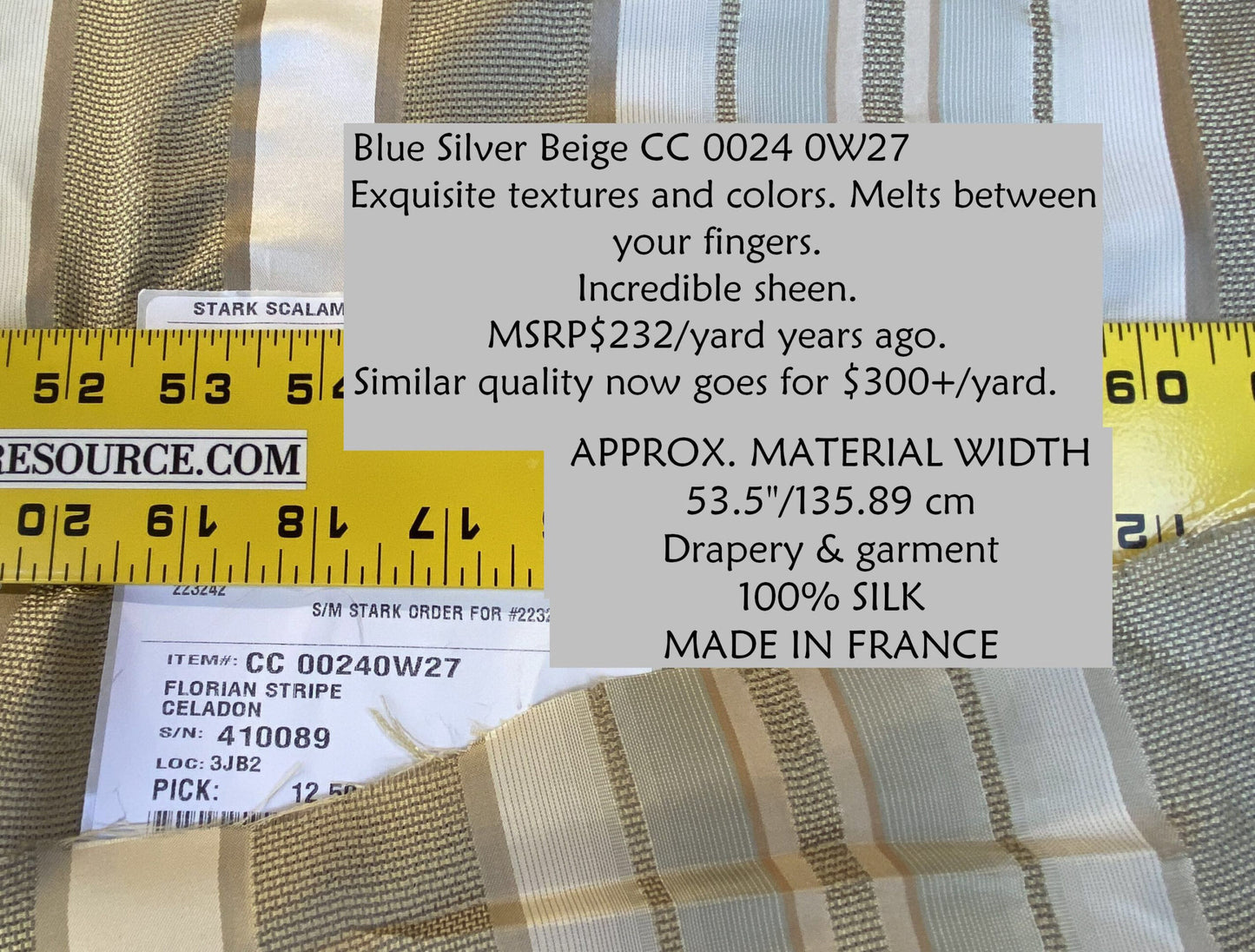 Scalamandre Florian Stripe Celadon Blue Silver Beige Silk Satin Semi Sheer MSRP USD 232/yard