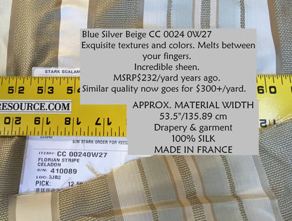 Scalamandre Florian Stripe Celadon Blue Silver Beige Silk Satin Semi Sheer MSRP USD 232/yard