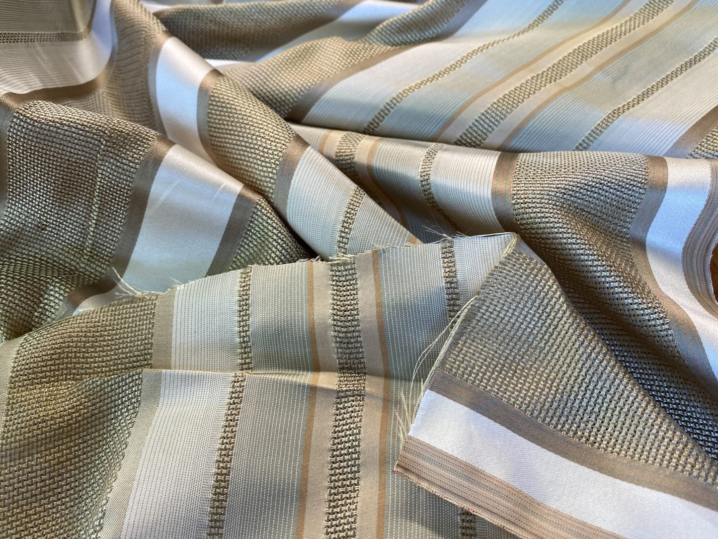 Scalamandre Florian Stripe Celadon Blue Silver Beige Silk Satin Semi Sheer MSRP USD 232/yard