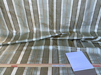 Scalamandre Florian Stripe Celadon Blue Silver Beige Silk Satin Semi Sheer MSRP USD 232/yard