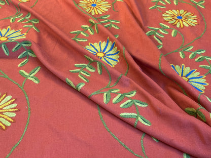 Scalamandre  Daisy Crewel Red Wool On Cotton Hand Embroidery MSRP USD 160/Y