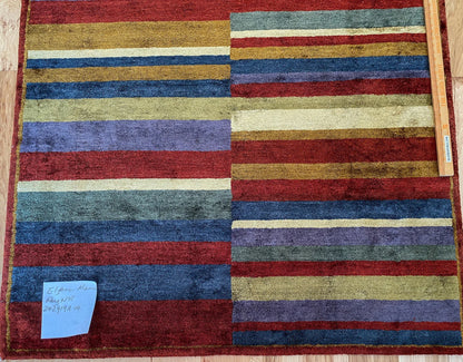 Stark Elfers Maroon Stripe 100% Silk Rug 4x6' Red Gold Black Stripe MSRP $2400