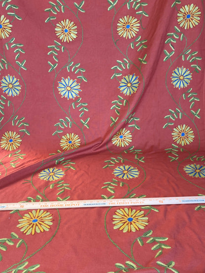 Scalamandre  Daisy Crewel Red Wool On Cotton Hand Embroidery MSRP USD 160/Y