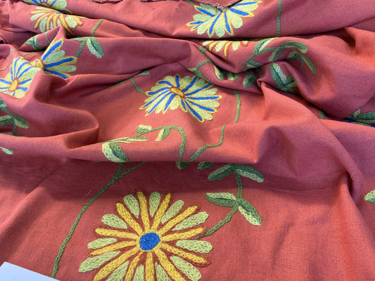 Scalamandre  Daisy Crewel Red Wool On Cotton Hand Embroidery MSRP USD 160/Y