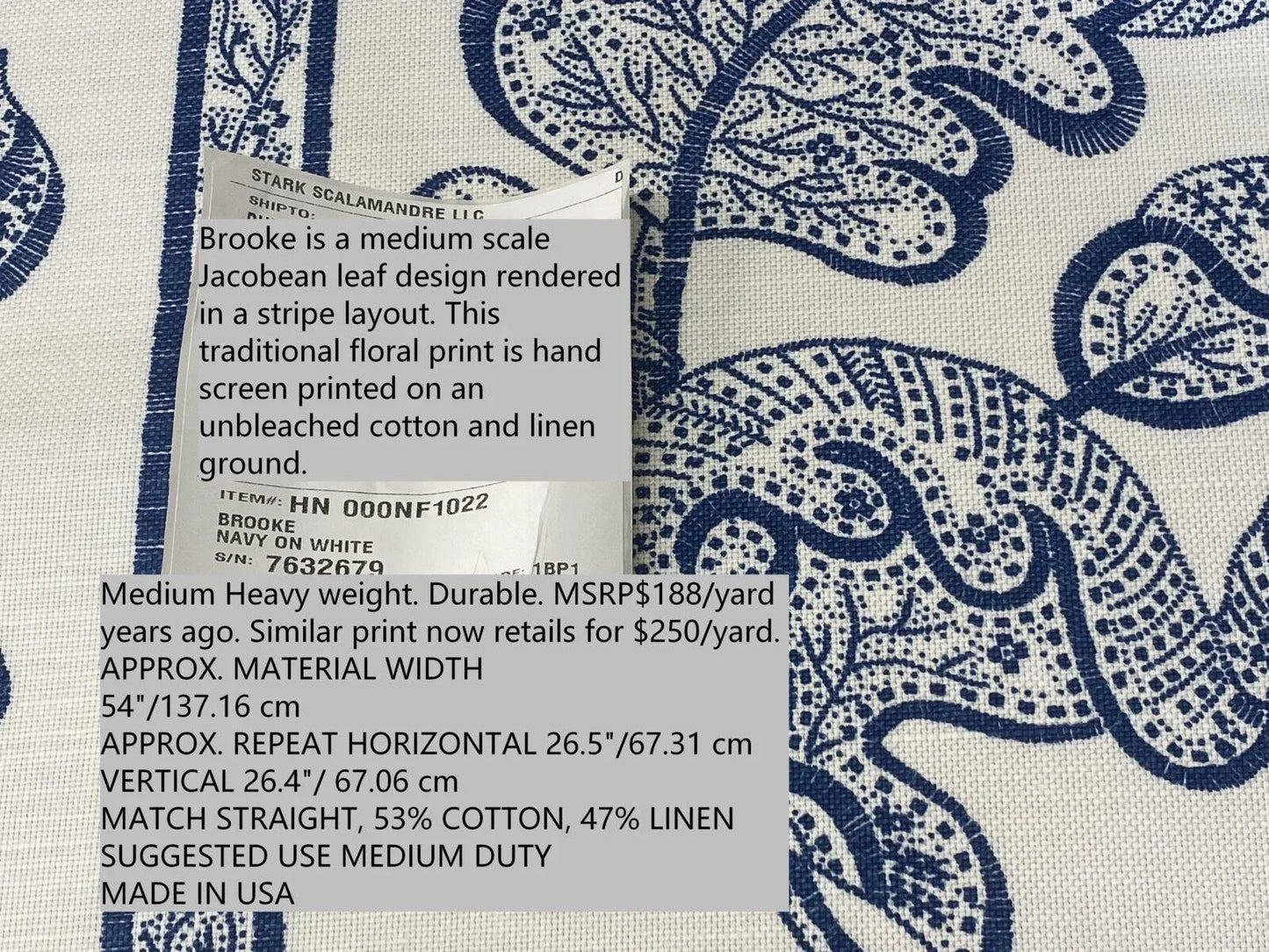 0.4Y Scalamandre Brooke Navy On White Blue Cotton Linen Print Heavy Cotton Linen Jacobean Flower Albert Hadley (Copy)