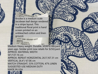 0.4Y Scalamandre Brooke Navy On White Blue Cotton Linen Print Heavy Cotton Linen Jacobean Flower Albert Hadley (Copy)