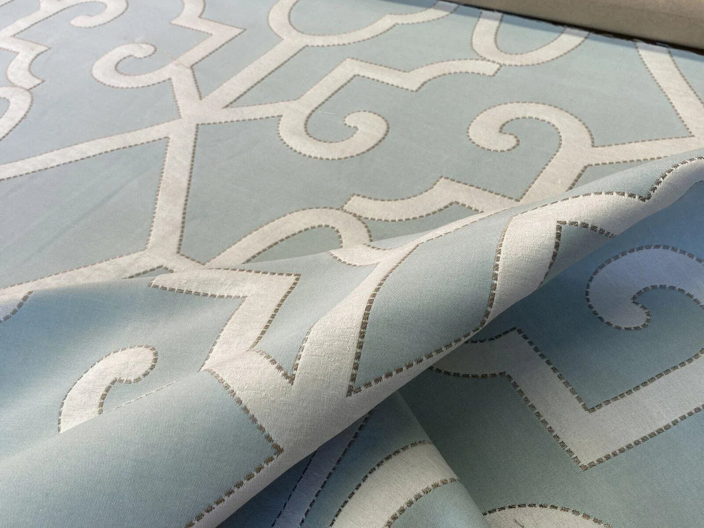 Scalamandre Ming Fretwork Aquamarine Jacquard MSRP USD 226/yard Chinoiserie Lattice  Jacquard"