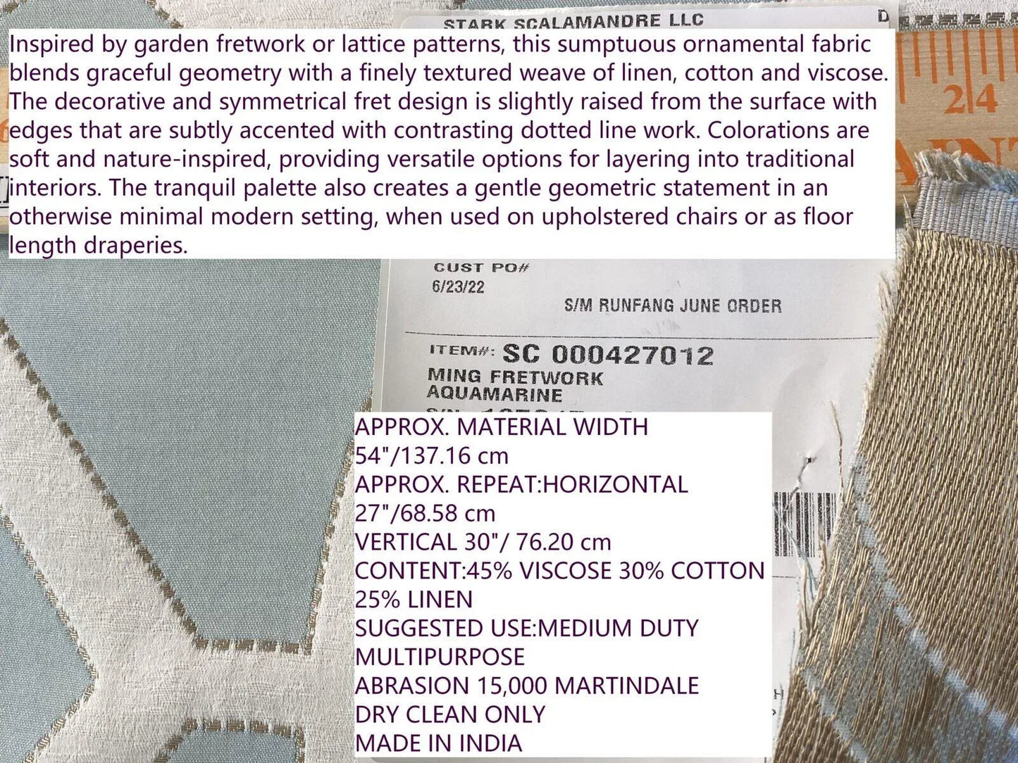 Scalamandre Ming Fretwork Aquamarine Jacquard MSRP USD 226/yard Chinoiserie Lattice  Jacquard"