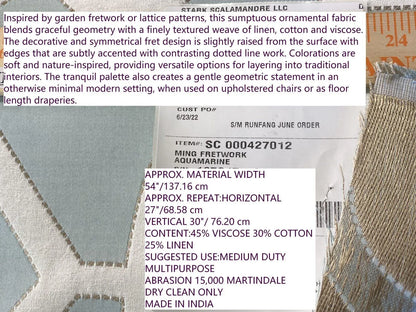 Scalamandre Ming Fretwork Aquamarine Jacquard MSRP USD 226/yard Chinoiserie Lattice  Jacquard"