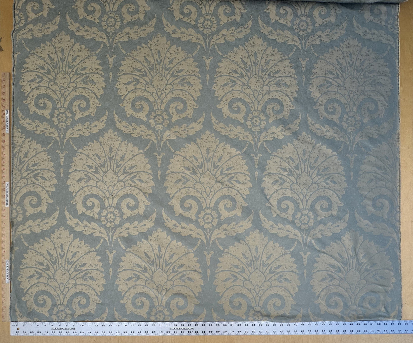 BY Yard 100% Silk Damask Large Stone Paisley "bluestone" Blue Aqua Gold Mid Century #1516