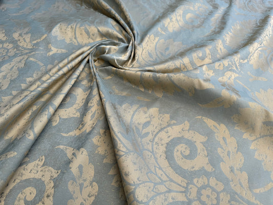 BY Yard 100% Silk Damask Large Stone Paisley "bluestone" Blue Aqua Gold Mid Century #1516