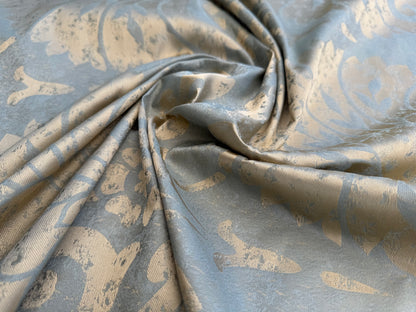 BY Yard 100% Silk Damask Large Stone Paisley "bluestone" Blue Aqua Gold Mid Century #1516