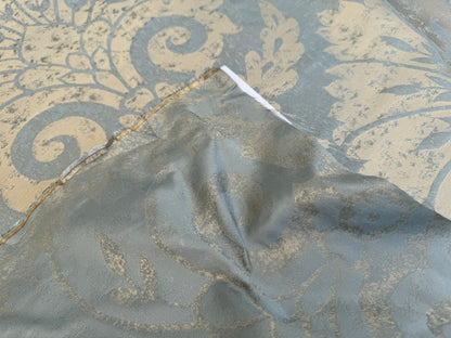 BY Yard 100% Silk Damask Large Stone Paisley "bluestone" Blue Aqua Gold Mid Century #1516