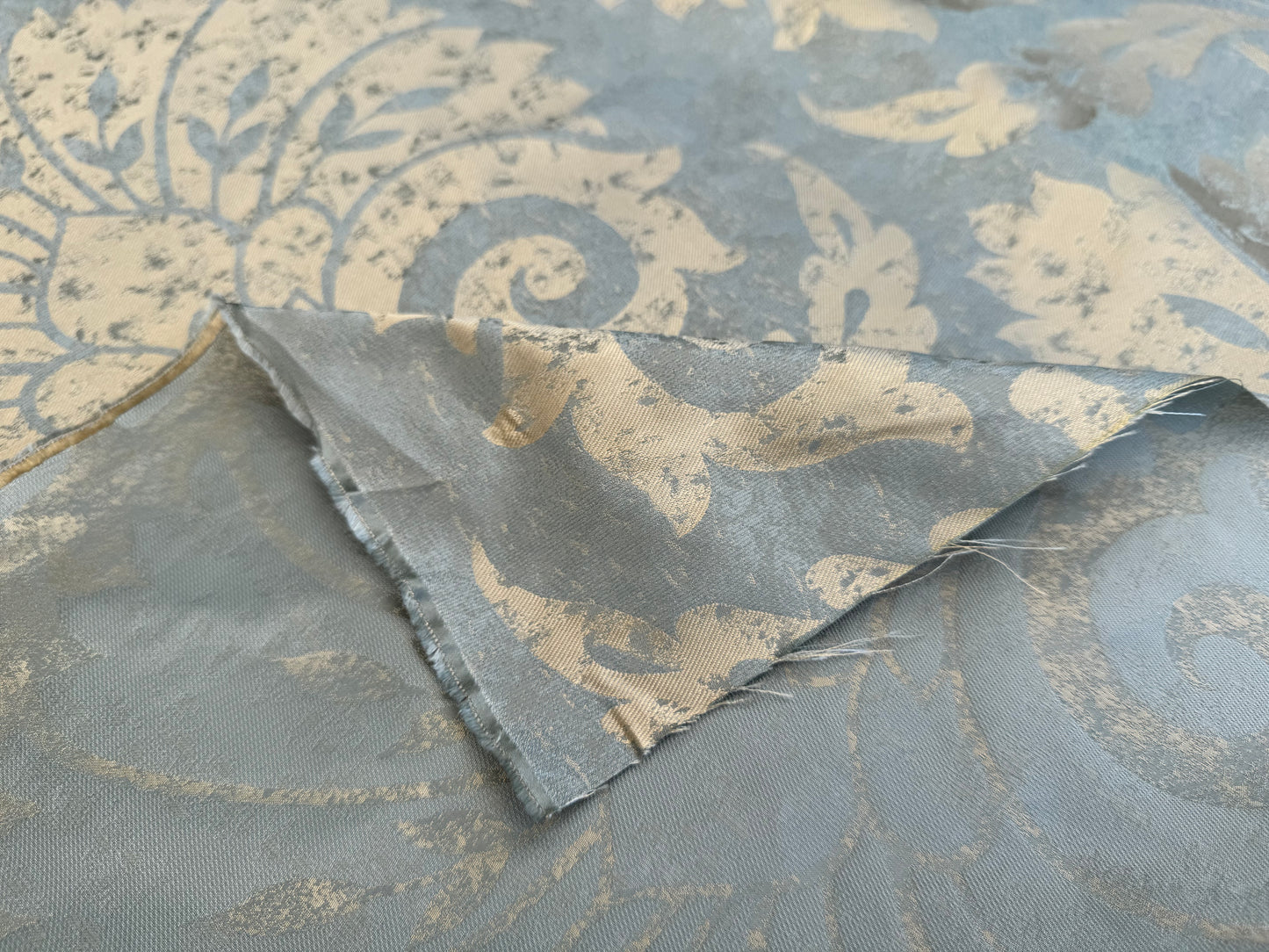 BY Yard 100% Silk Damask Large Stone Paisley "bluestone" Blue Aqua Gold Mid Century #1516