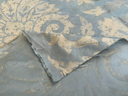 BY Yard 100% Silk Damask Large Stone Paisley "bluestone" Blue Aqua Gold Mid Century #1516