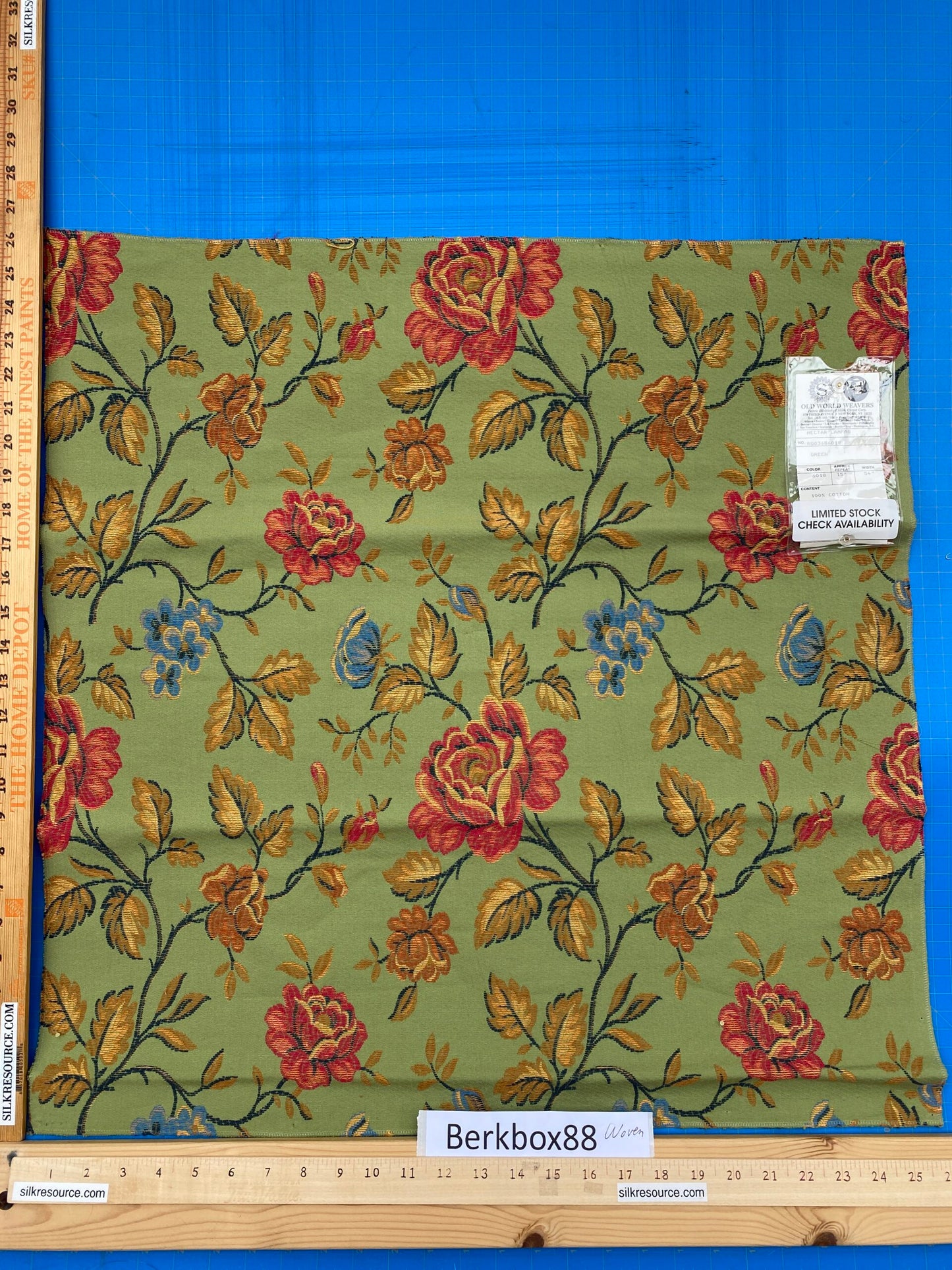 1 Berkbox88 Square Woven by Old World Weavers Nectar Lampas Green Floral Botanical Foliage Cotton MSRP USD 300+/y
