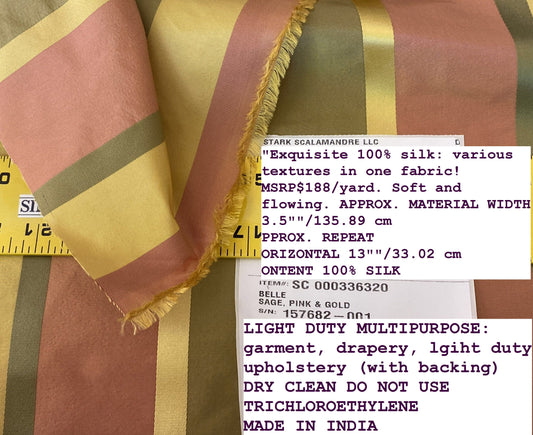 Scalamandre " Belle Sage, Pink &amp; Gold Silk Satin Texture Stripe MSRP USD 188/Y Stripe