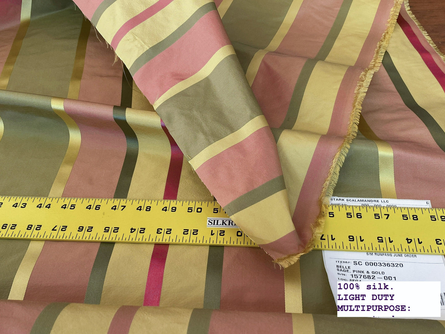 Scalamandre " Belle Sage, Pink &amp; Gold Silk Satin Texture Stripe MSRP USD 188/Y Stripe