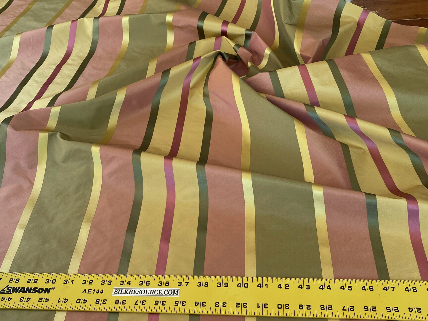 Scalamandre " Belle Sage, Pink &amp; Gold Silk Satin Texture Stripe MSRP USD 188/Y Stripe