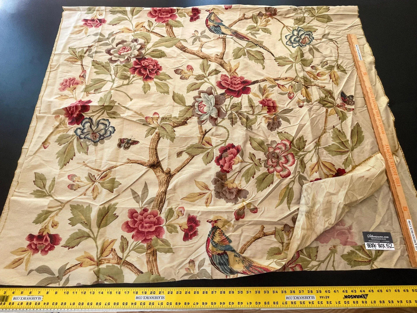 9 Berkbox52 2.4 yards Scalamandre Printed Silk Faisan Chinoiserie Foliage Bird Floral Red on Gold