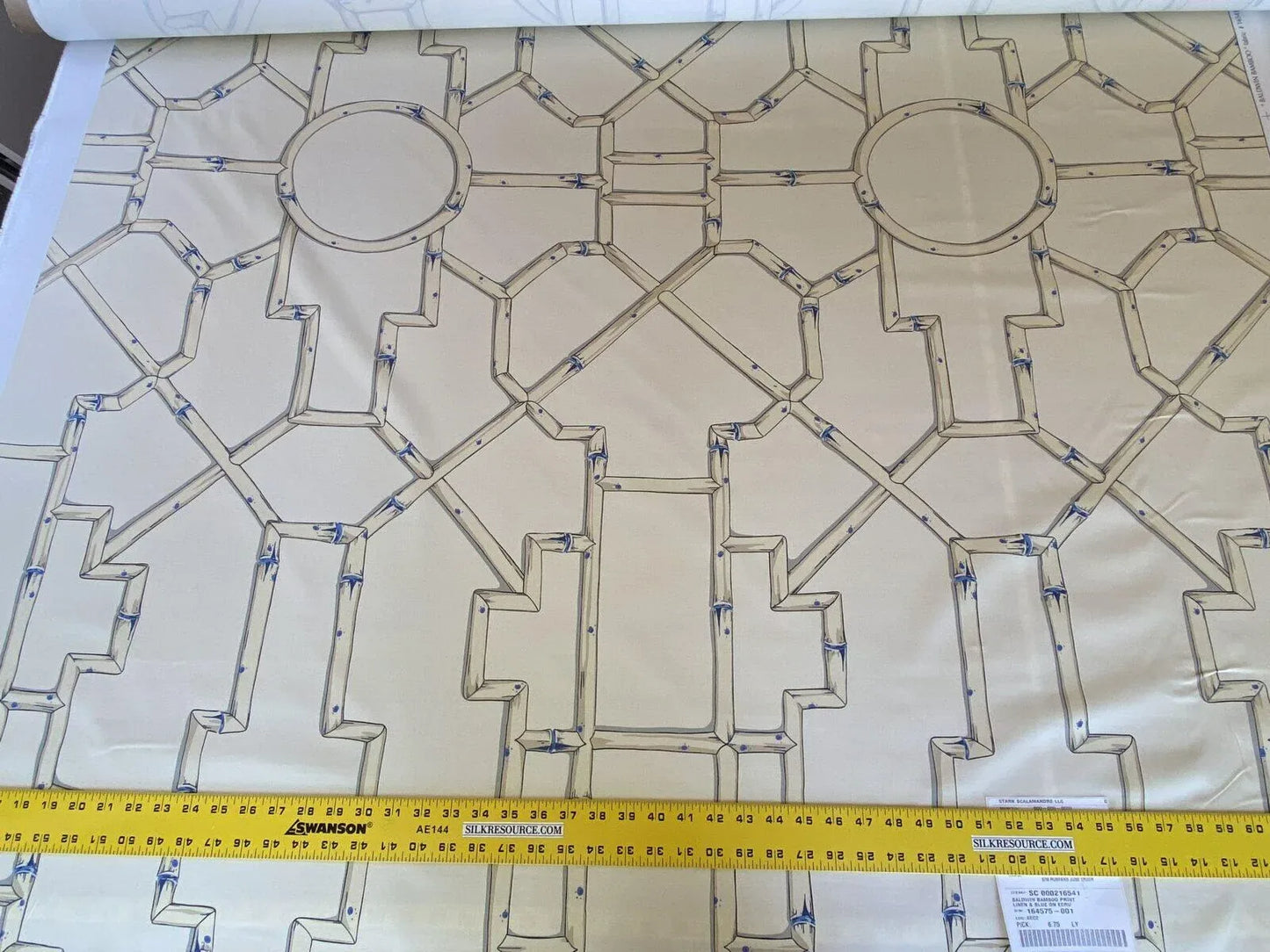 Scalamandre " Baldwin Bamboo Print Linen &amp; Blue On Ecru MSRP USD 178/Y Cotton Satin