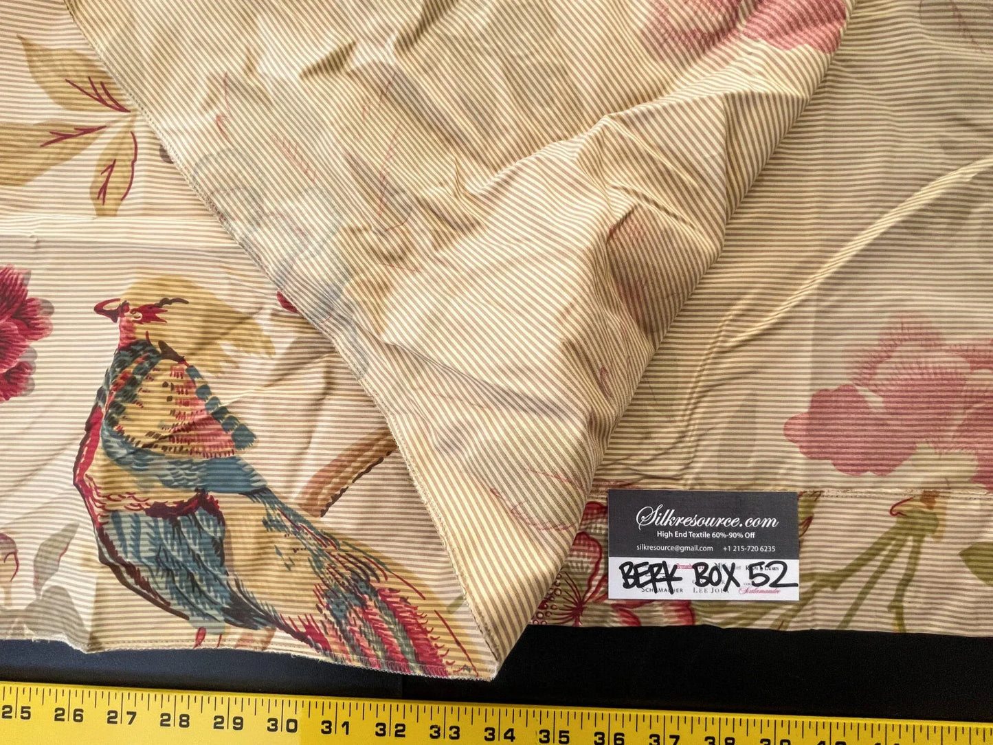 9 Berkbox52 2.4 yards Scalamandre Printed Silk Faisan Chinoiserie Foliage Bird Floral Red on Gold