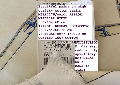 Scalamandre " Baldwin Bamboo Print Linen &amp; Blue On Ecru MSRP USD 178/Y Cotton Satin