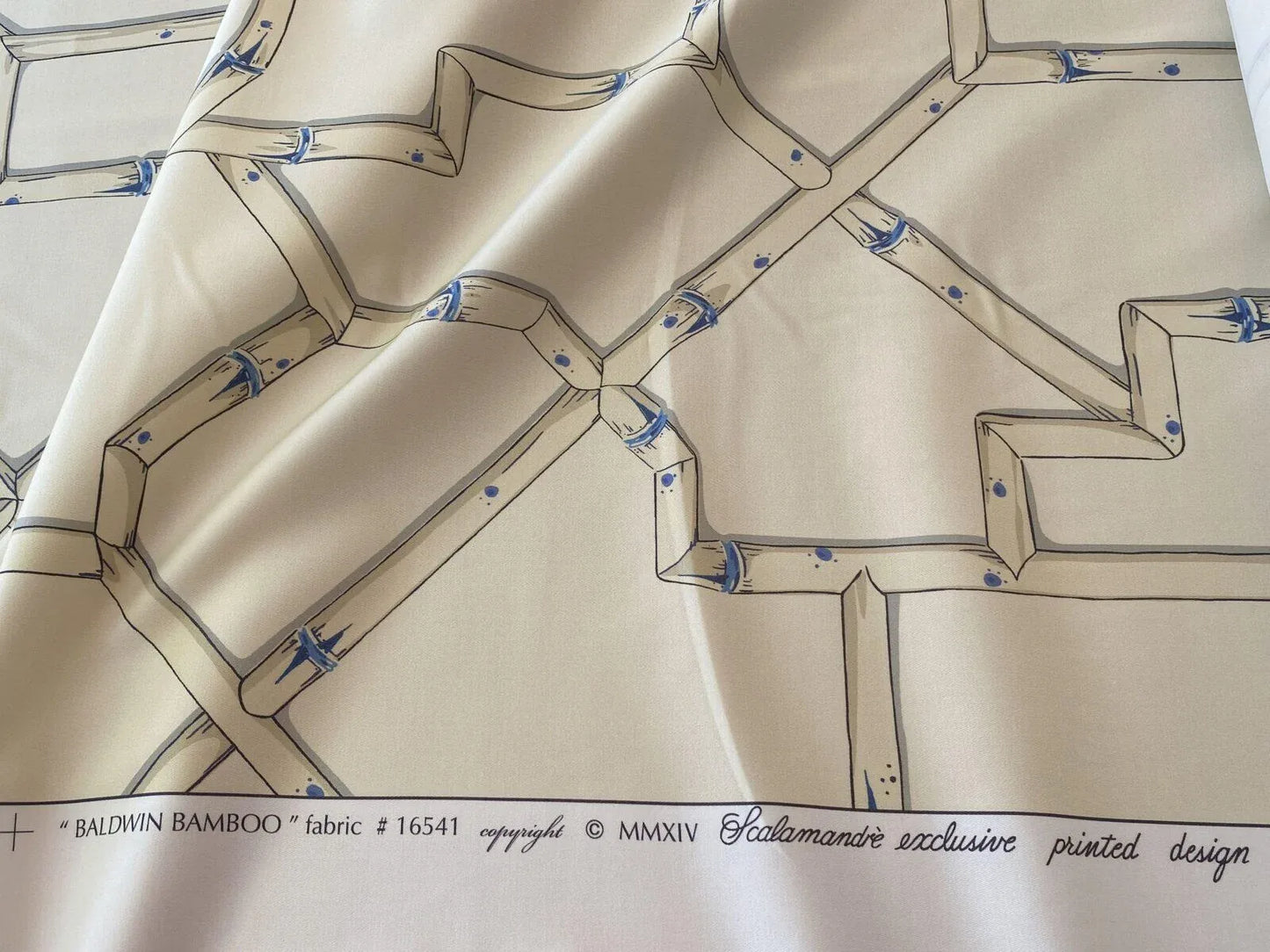 Scalamandre " Baldwin Bamboo Print Linen &amp; Blue On Ecru MSRP USD 178/Y Cotton Satin