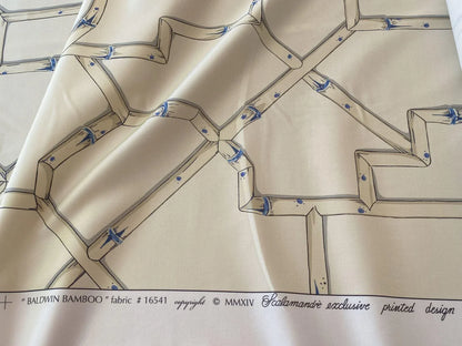Scalamandre " Baldwin Bamboo Print Linen &amp; Blue On Ecru MSRP USD 178/Y Cotton Satin