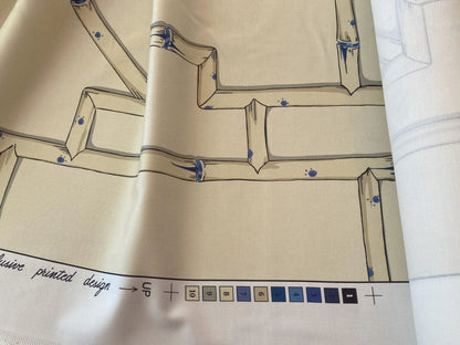 Scalamandre " Baldwin Bamboo Print Linen &amp; Blue On Ecru MSRP USD 178/Y Cotton Satin