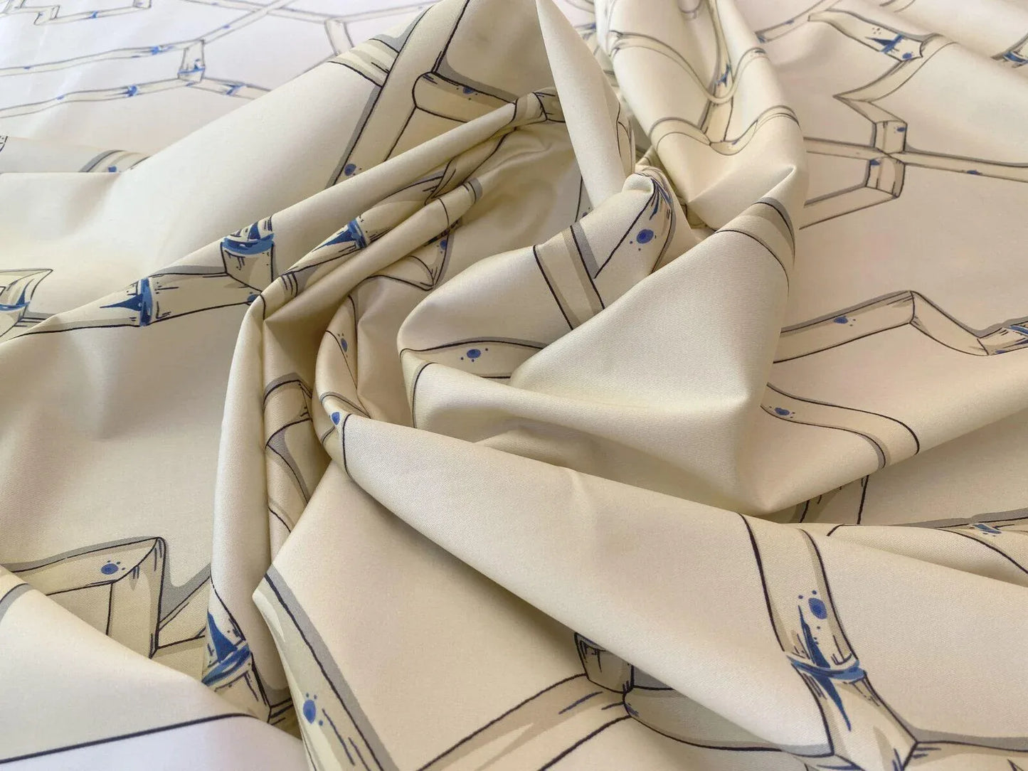 Scalamandre " Baldwin Bamboo Print Linen &amp; Blue On Ecru MSRP USD 178/Y Cotton Satin