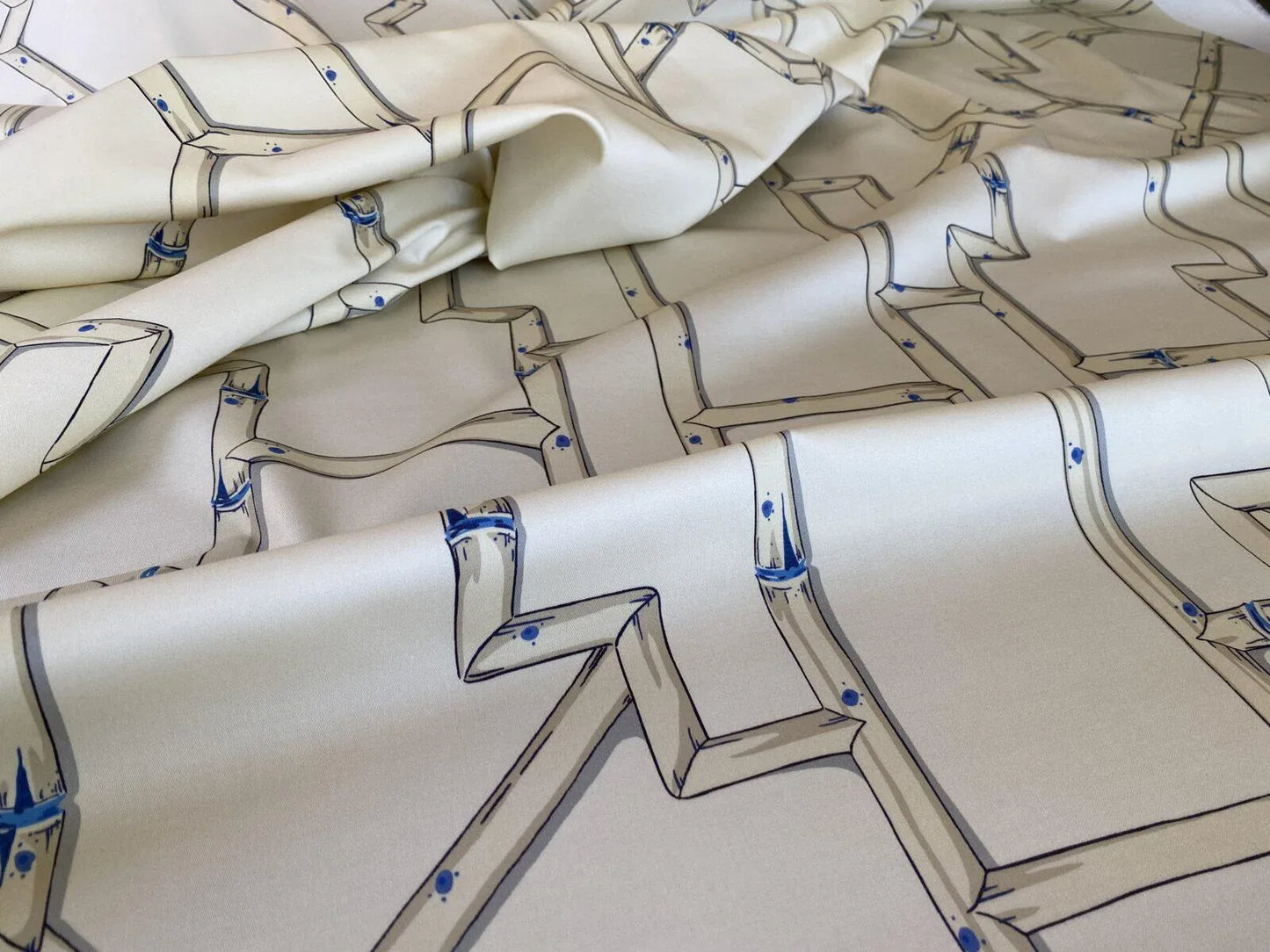 Scalamandre " Baldwin Bamboo Print Linen &amp; Blue On Ecru MSRP USD 178/Y Cotton Satin