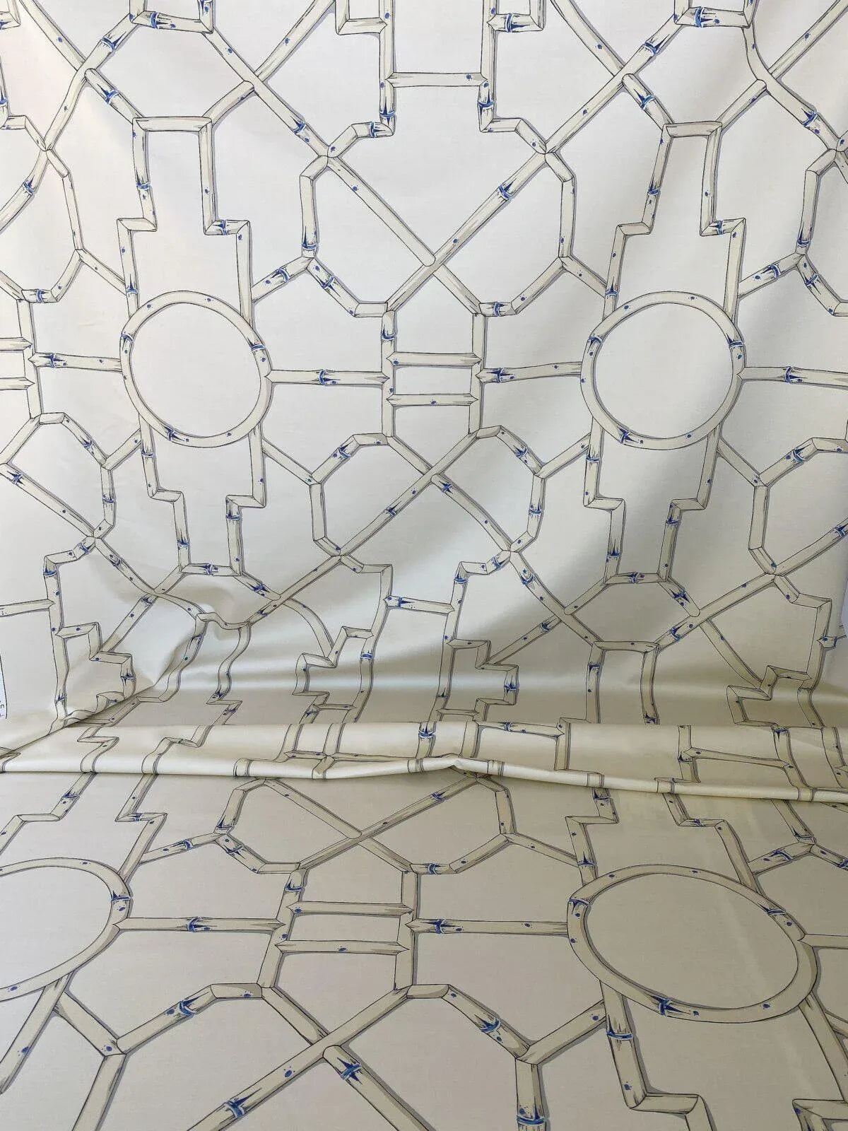 Scalamandre " Baldwin Bamboo Print Linen &amp; Blue On Ecru MSRP USD 178/Y Cotton Satin