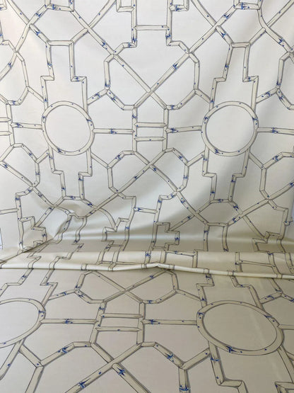 Scalamandre " Baldwin Bamboo Print Linen &amp; Blue On Ecru MSRP USD 178/Y Cotton Satin