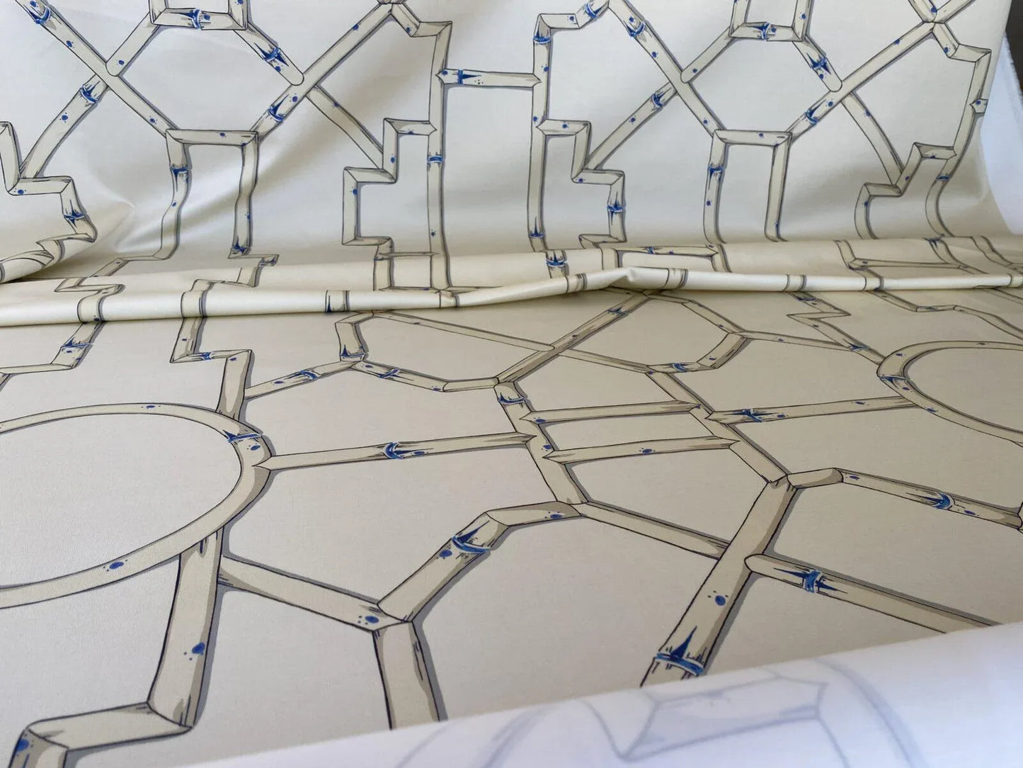 Scalamandre " Baldwin Bamboo Print Linen &amp; Blue On Ecru MSRP USD 178/Y Cotton Satin