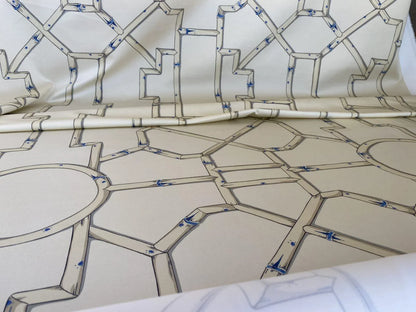 Scalamandre " Baldwin Bamboo Print Linen &amp; Blue On Ecru MSRP USD 178/Y Cotton Satin