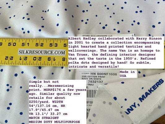 Scalamandre Van Cotton Print Navy On White Polka Dots MSRP USD 176/Y Albert Hadley To Van Truex Hn