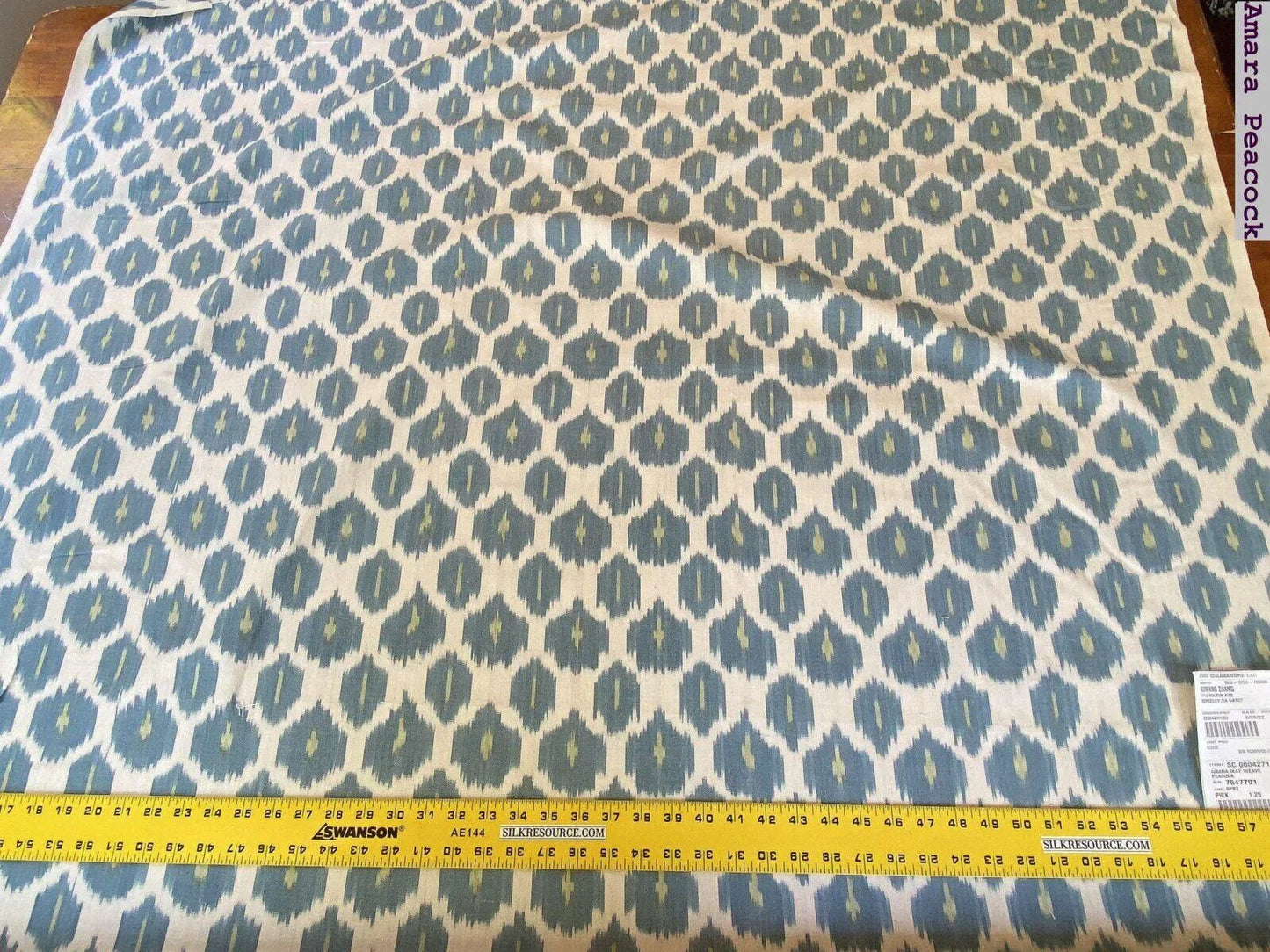 Scalamandre " Amara Ikat Weave Peacock  MSRP USD 150/Y Cotton Hand Woven! Blue Green White"