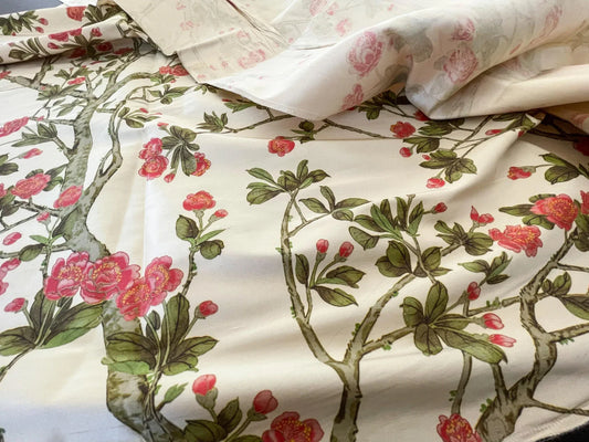 17 Berkbox52 1.2y Scalamandre Knollwood Coral Pear Cherry Blossom Print Silk MSRP USD 320