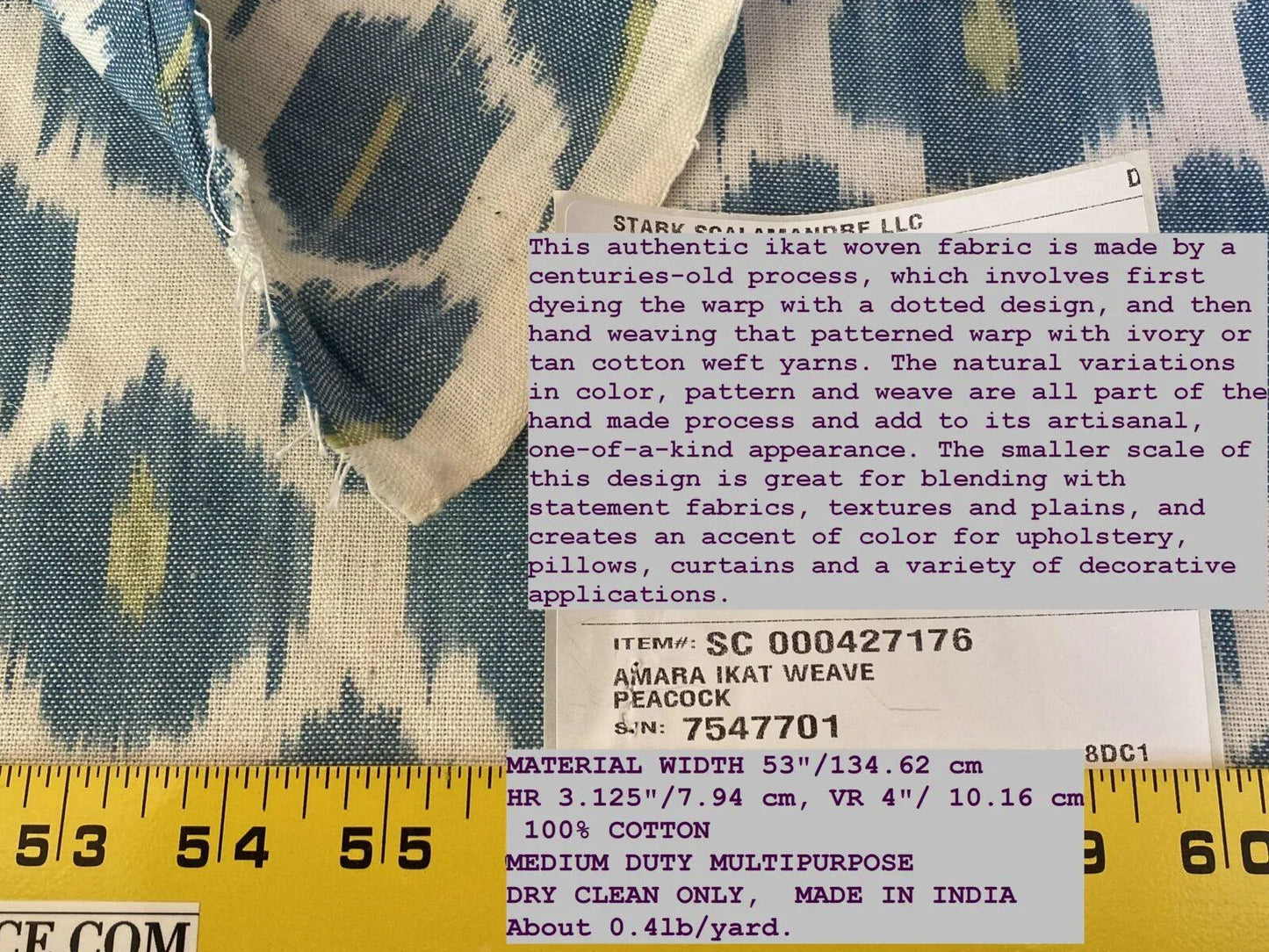 Scalamandre " Amara Ikat Weave Peacock  MSRP USD 150/Y Cotton Hand Woven! Blue Green White"