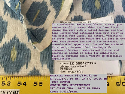Scalamandre " Amara Ikat Weave Peacock  MSRP USD 150/Y Cotton Hand Woven! Blue Green White"