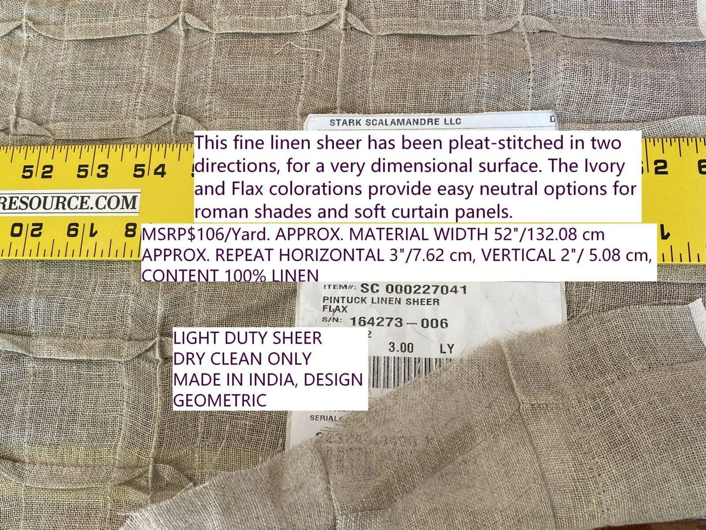 Scalamandre " Pintuck Linen Sheer Flax Linen MSRP USD 106/Y